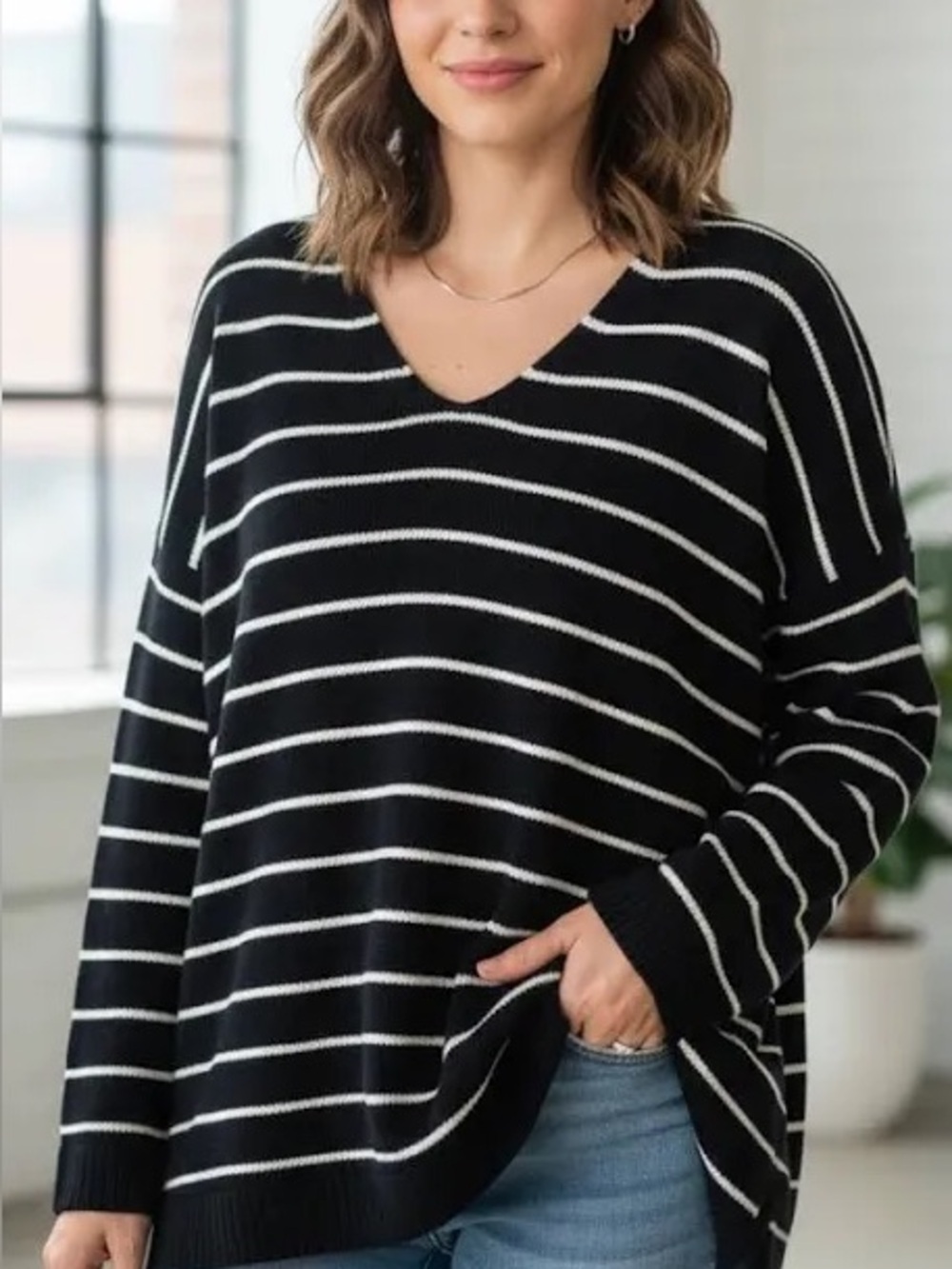 Eileen Fisher petites long sleeve v neck stripe cotton pullover sweater S